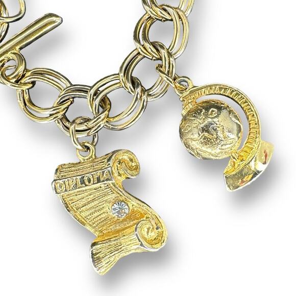 Scholastic Charm Bracelet Double Chain Toggle Clasp over Gold Tone - Picture 6 of 8